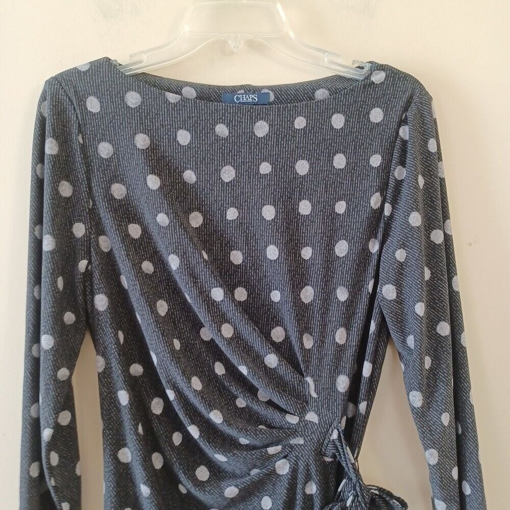 Chaps Dress L Sheath Knee Length 3/4 Sleeve Gray Polka Dot Travel Office Stretch - Picture 9 of 9